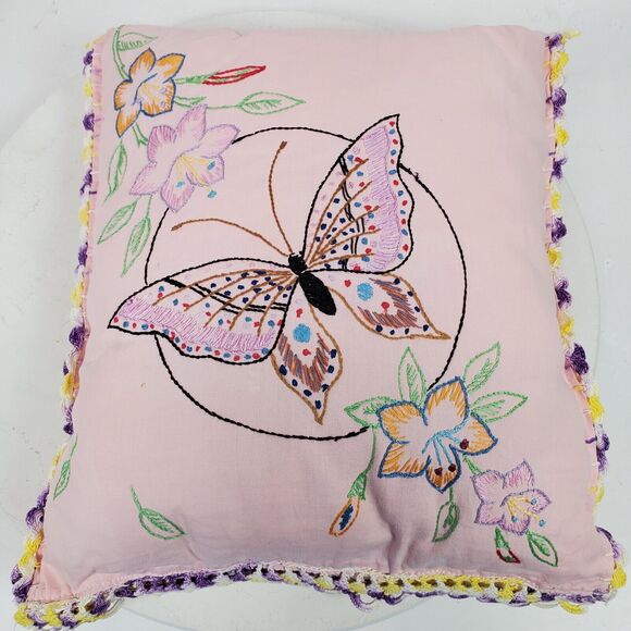 Vintage Hand Crafted Embroidery Butterfly Throw Pillow 10x12 Inch - Picture 3 of 4